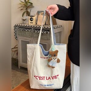 Letter Embroidered Canvas Shoulder Bag 10070050208